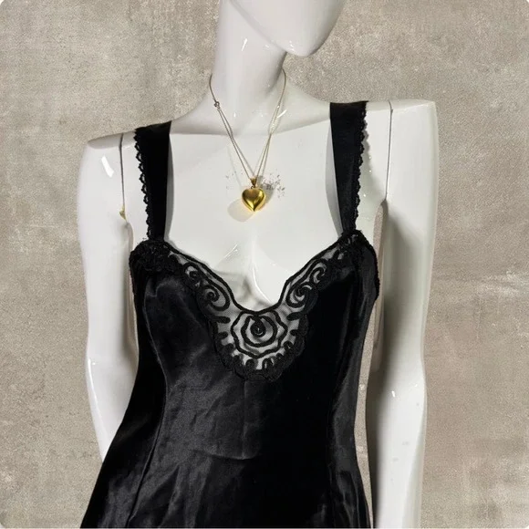 Vintage 90s Black Satin Slip Dress Made in USA Lace Lingerie Mini Medium